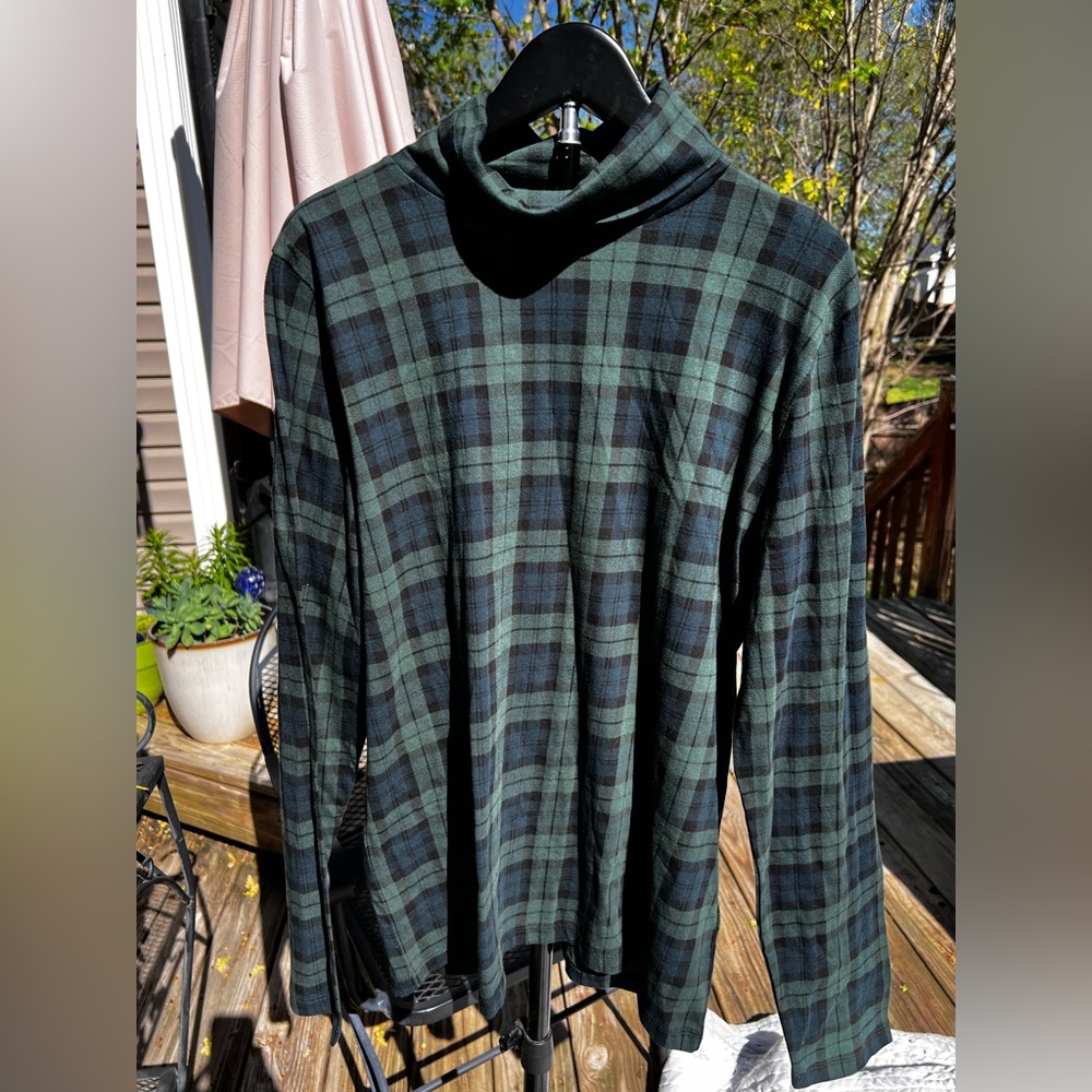 J. Crew Green and Black Watch Plaid Printed Tissue Turtleneck